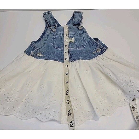 Vtg Osh Kosh Eyelet Lace Bib Overall Denim Dress 9 Months White Blue Cottagecore - Picture 3 of 13